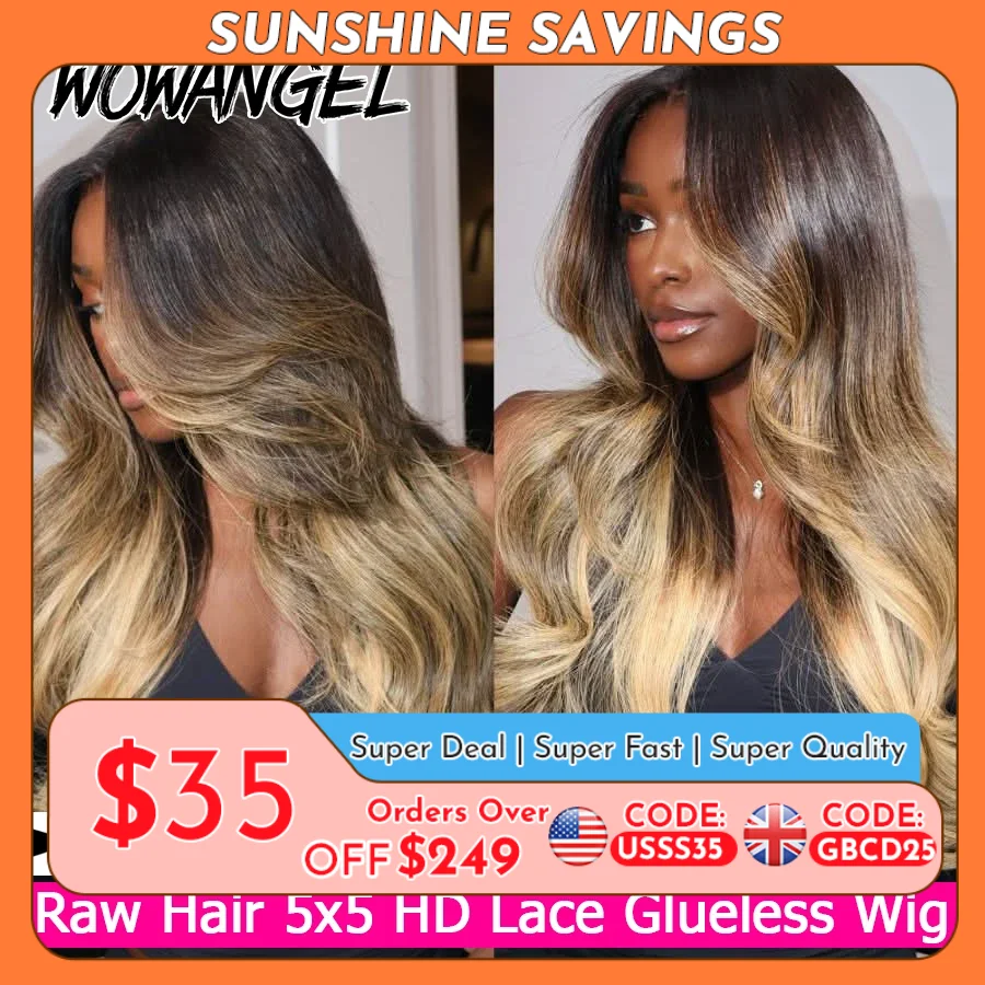 

WOWANGEL Blonde Highlights Body Wave Wig Premium Raw Hair 5x5 HD Lace Closure Wig 100% Human Hair Pre Plucked Glueless Wigs