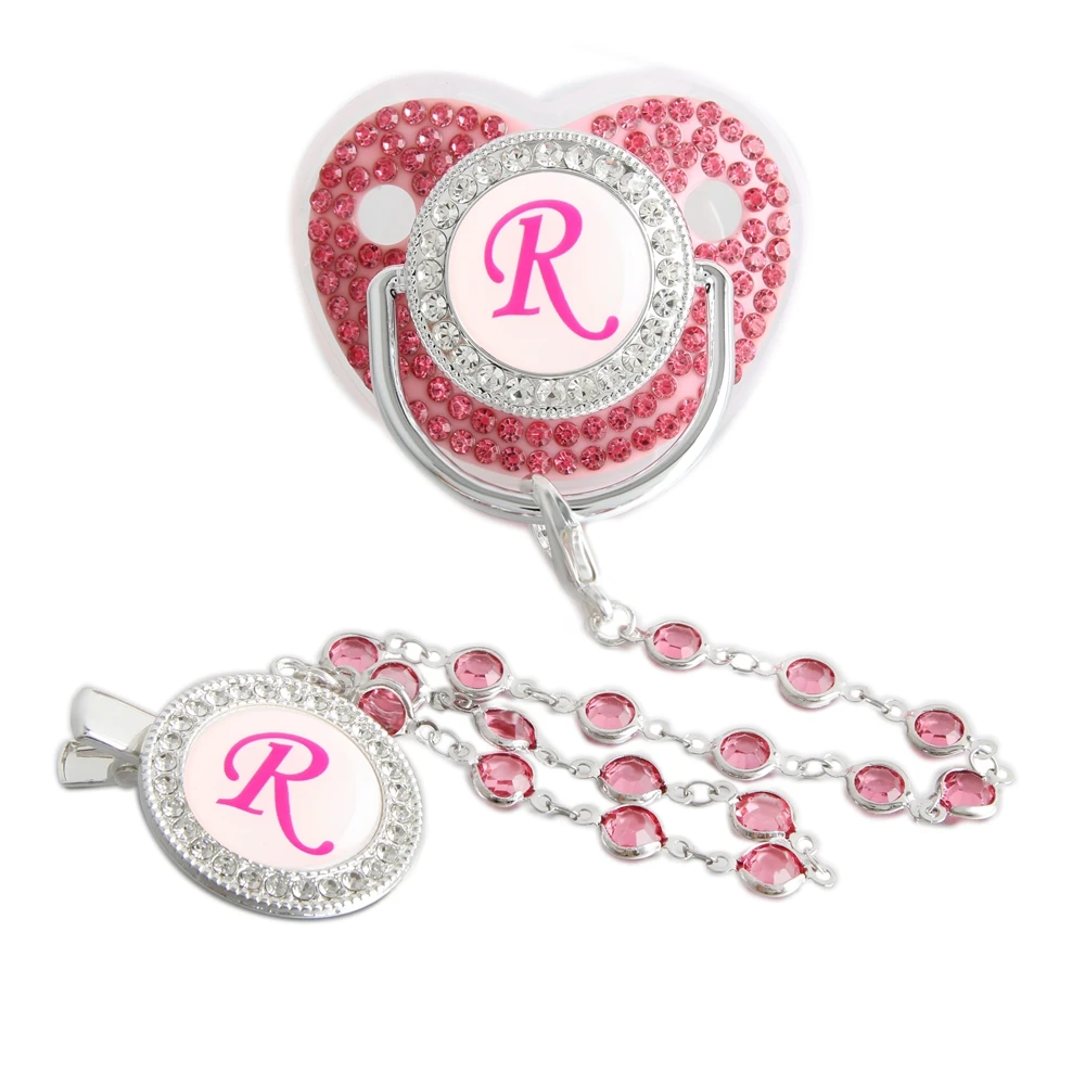 26 lettere iniziali ciuccio per bambini in argento rosa con Clip a catena con gemme