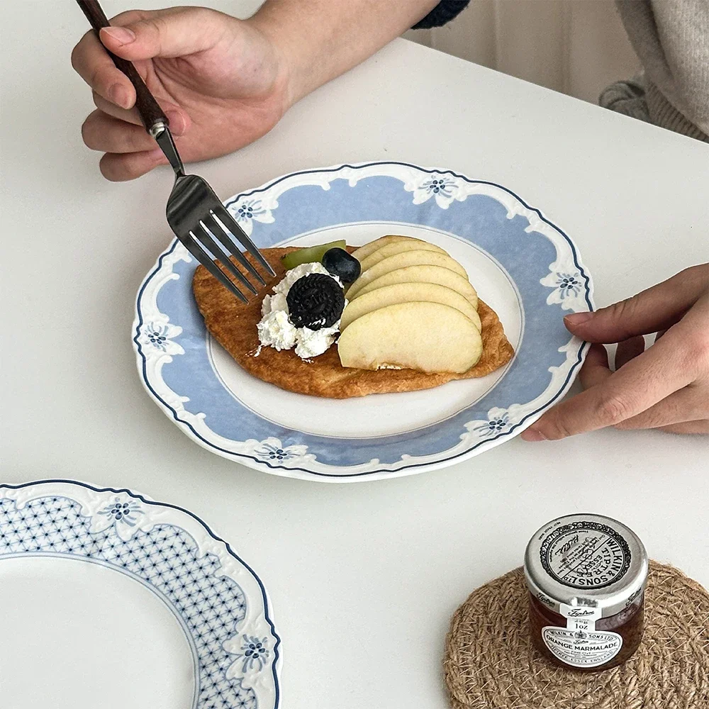 French Style Contrast Color Flat Ceramic Plate Floral Edge Porcelain Homehold Dinnerware Snacks Dessert Cake Bread Plates