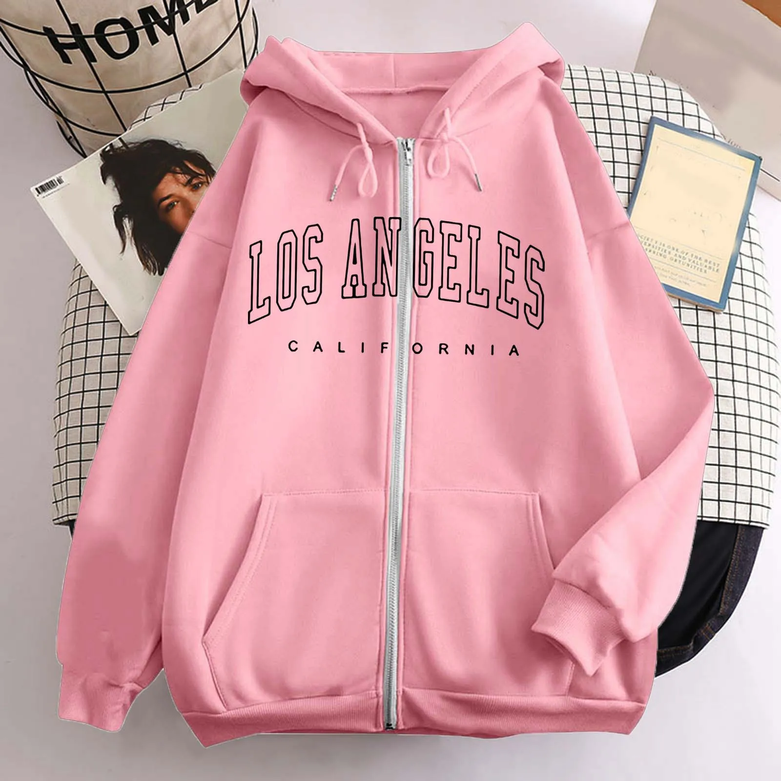 Los Angeles Letter Print Zip up Harajuku Hoodies Jacket Women Casual Oversized Sweatshirt Female Streetwear Pockets Hooded Coats