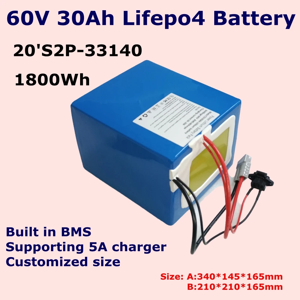 

E-bike Lifepo4 Batterie Portable avec BMS pour Vélo Électrique, Scooter, Moteur 1800W 3000W, 4800W+ Charger 5A, 60V, 30AH,