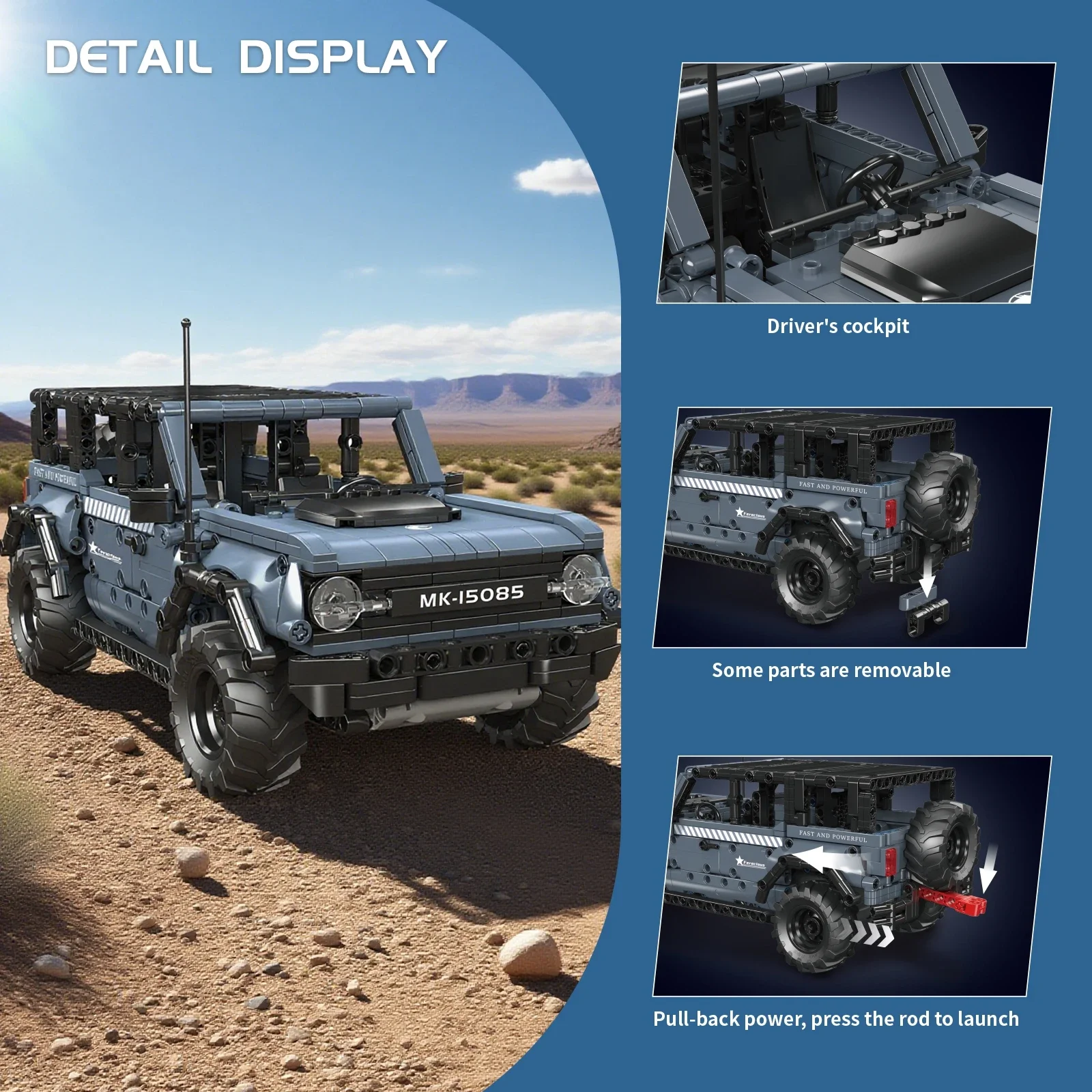 Mould King 828pcs NO.Bronco Paptor Pull-back Car Model Mini SUV Vehicle Building Blocks Bricks 15085 DIY Creative Toy Gift