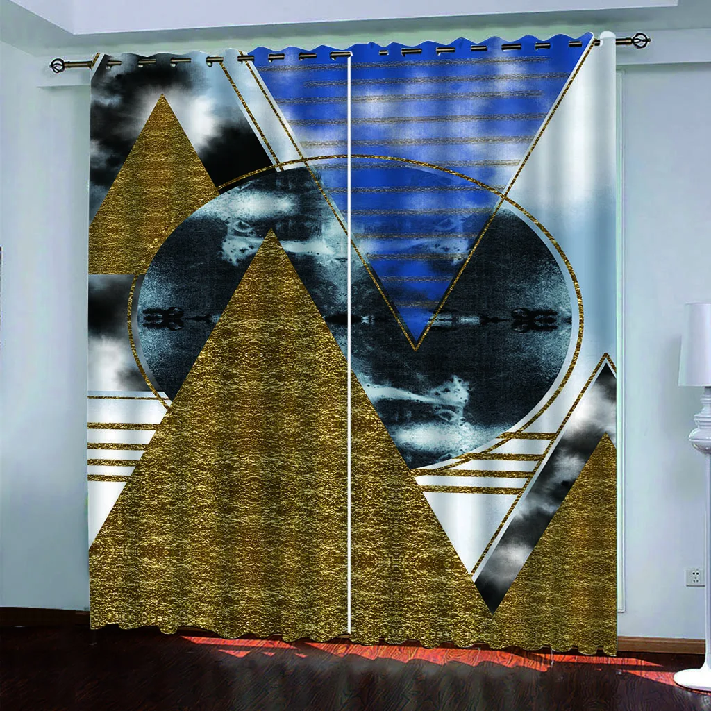 HUANZHUANG Living Room Curtains Abstract Golden Triangle Boho Modern Design 2 Pieces Fashion Window Curtain For Bedroom