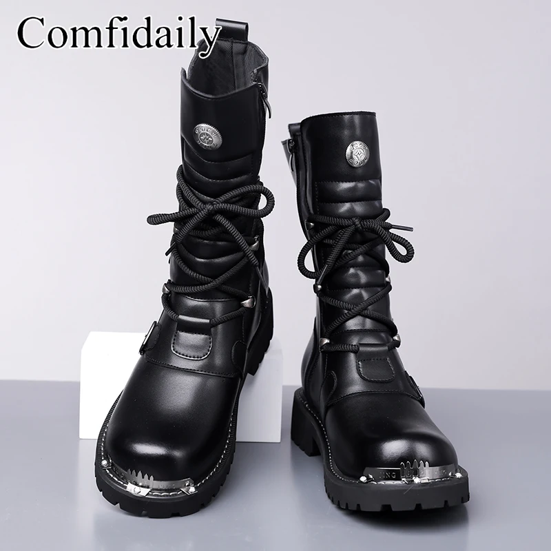 

Men Black Thick Soled High Top Boots Autumn Winter New Punk Style Metal Buckle Long Motorcycle Boots Big Size (37-48)