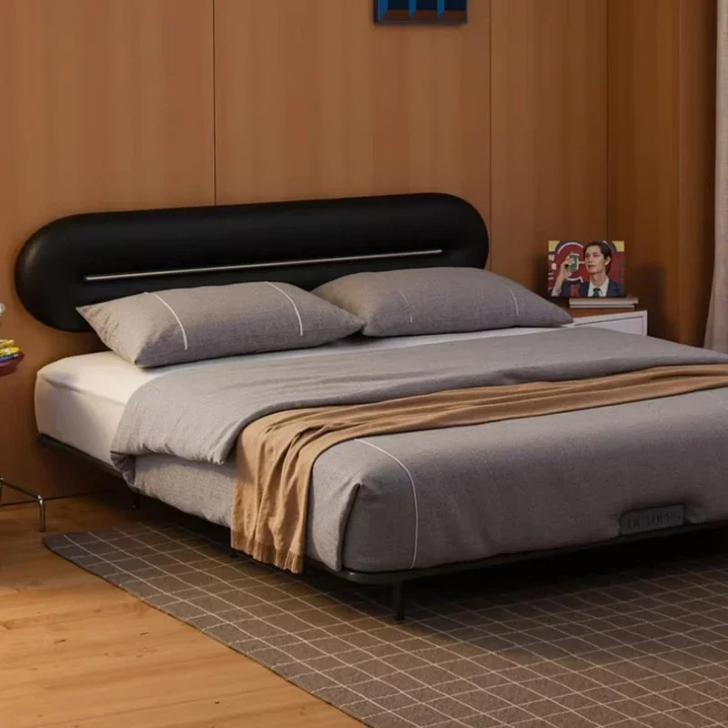 French retro black leather bed medieval steel frame suspension bed master bedroom soft bag double bed