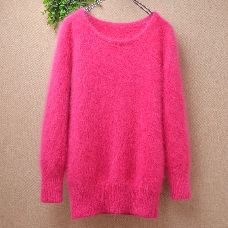 01 Female Women Fall Winter Clothing Hairy Mink Cashmere Knitted O-Neck Slim Blouses Pullover Angora Fur Jumper Sweater Pull Top