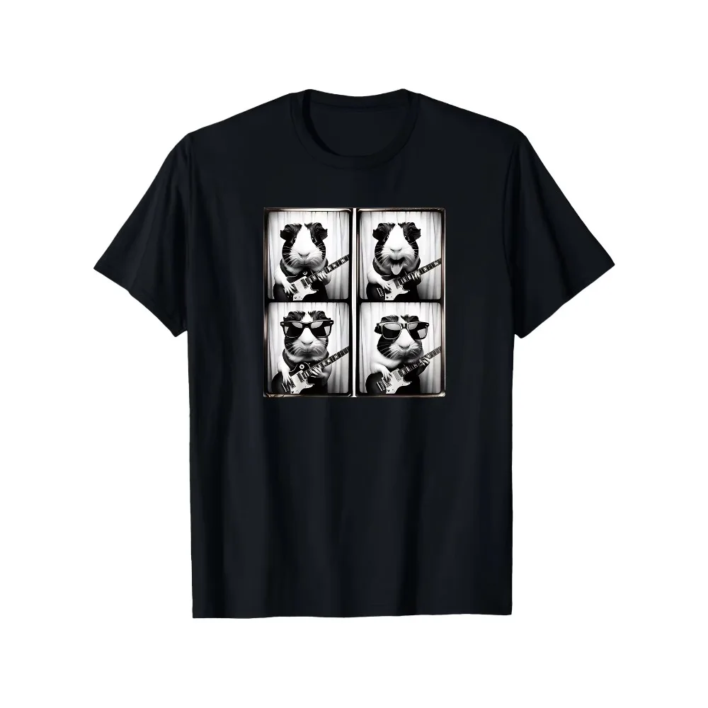 Guinea Pig Electric Guitar Photobooth Style Graphic T‑shirt Unisex Washed Cotton Short Sleeve Casual Streetwear Tops