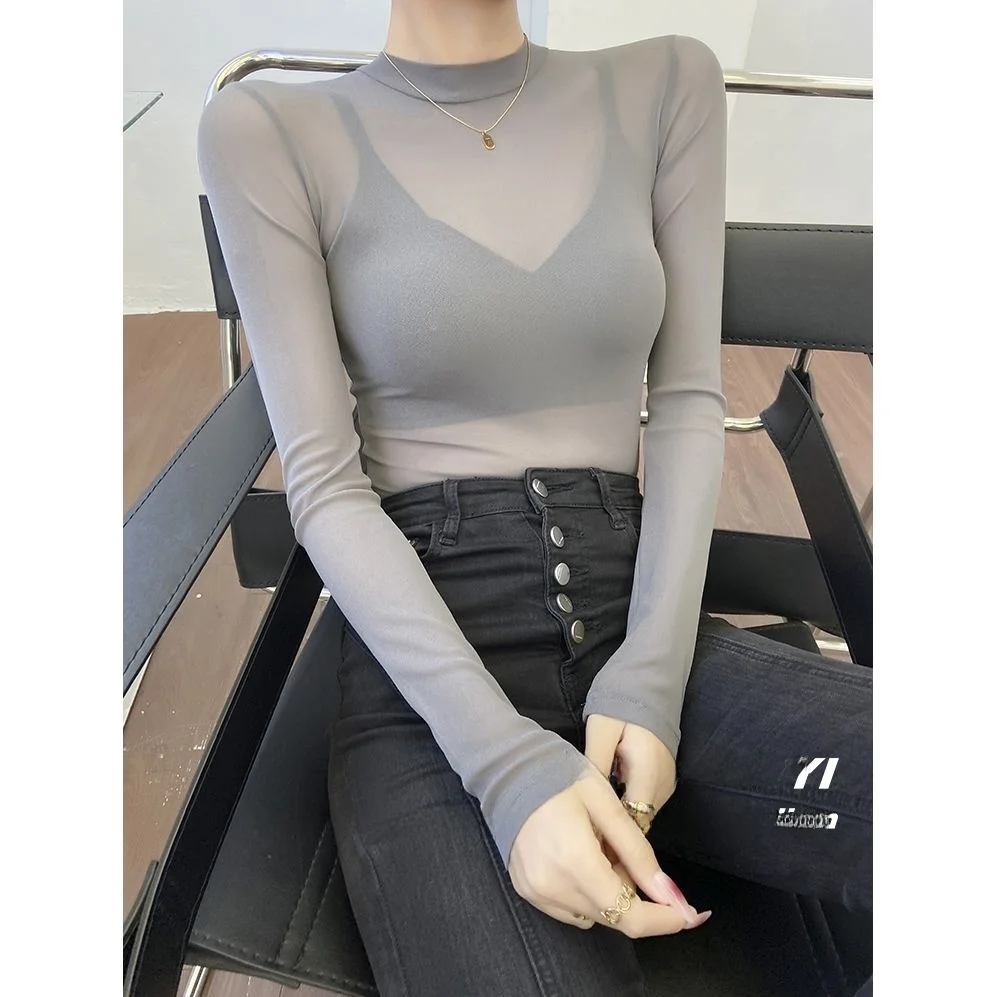 Gray Semi-High Collar Mesh Base Shirt Women's High-End Thin Micro-Transparent Sexy Top Brand Women's T-shirt Premium Quality