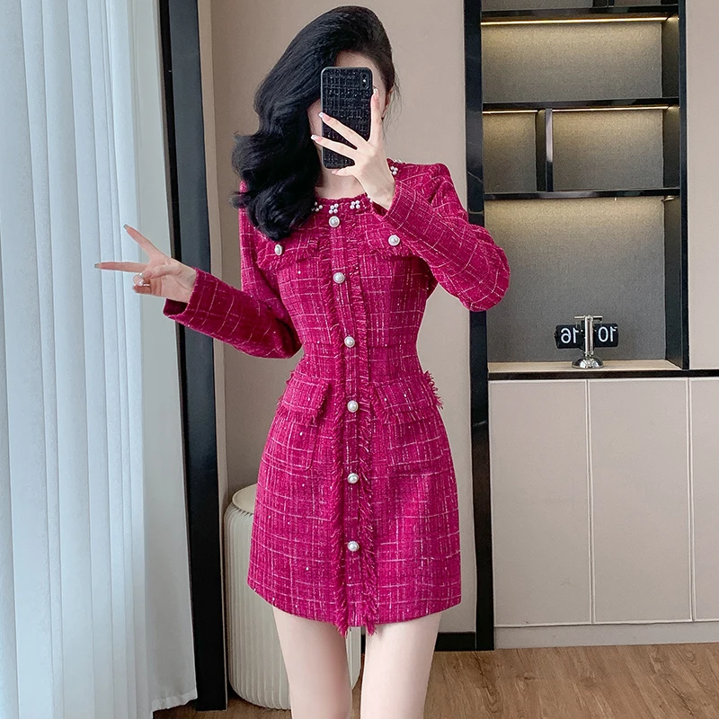 New High Quality Rose Red Plaid Tweed A Line Dress Fashion Women Autumn Pearls Beaded Tassel Long Sleeve Slim Bodycon Vestidos