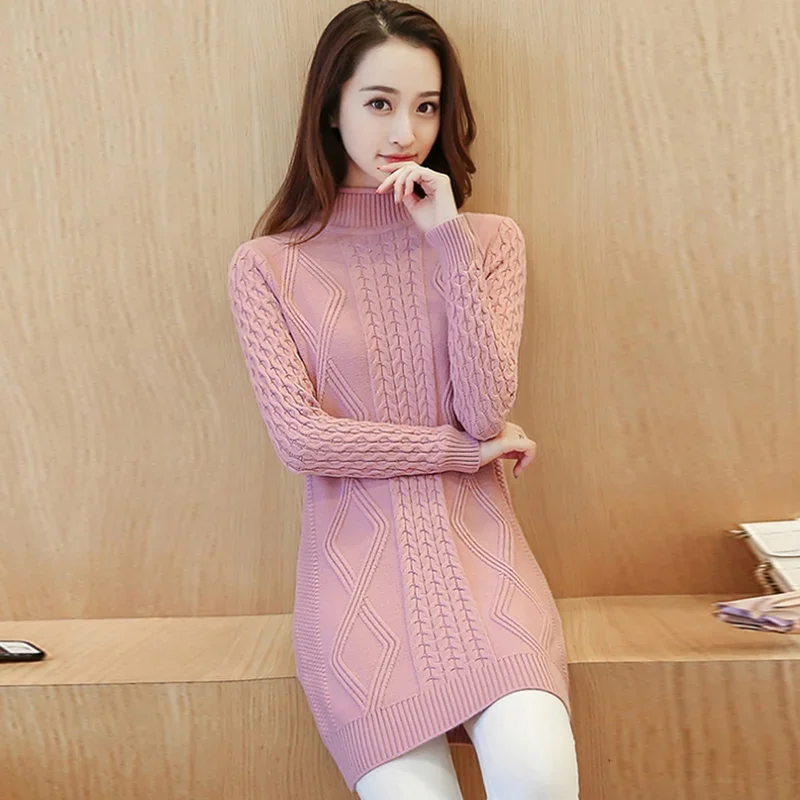 Twist Semi-Turtle Neck Sweater for Women, Formal Knitt Dress, Long Loose Bottom Sweater, Female Y2K Pullover, New Skirt, Winter