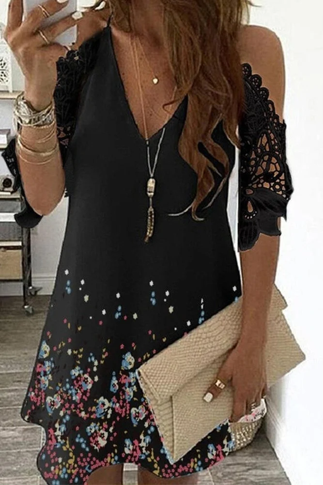 เดรสสั้นลำลอง สายเดี่ยว คอวี สไตล์โบฮีเมียน สำหรับงานปาร์ตี้ริมชายหาด เซ็กซี่ โชว์ไหล่ ลายดอกไม้ วินเทจ ผ้าลูกไม้ แขนครึ่ง