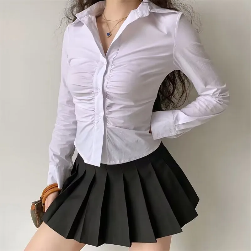 Sexy Shirts Skinny Grey Y2k Long Sleeve Pleated Tops Elegant Chic Korean Fashion Streetwear Office