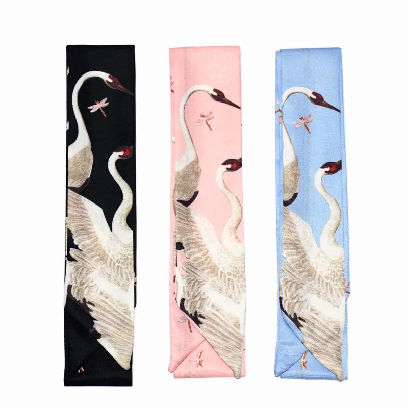 Bag Scarf 2024 New Brand Letter Small Silk Scarf For Women Red-crowned Crane Print Head Scarf Handle Bag Ribbons Long Scarves