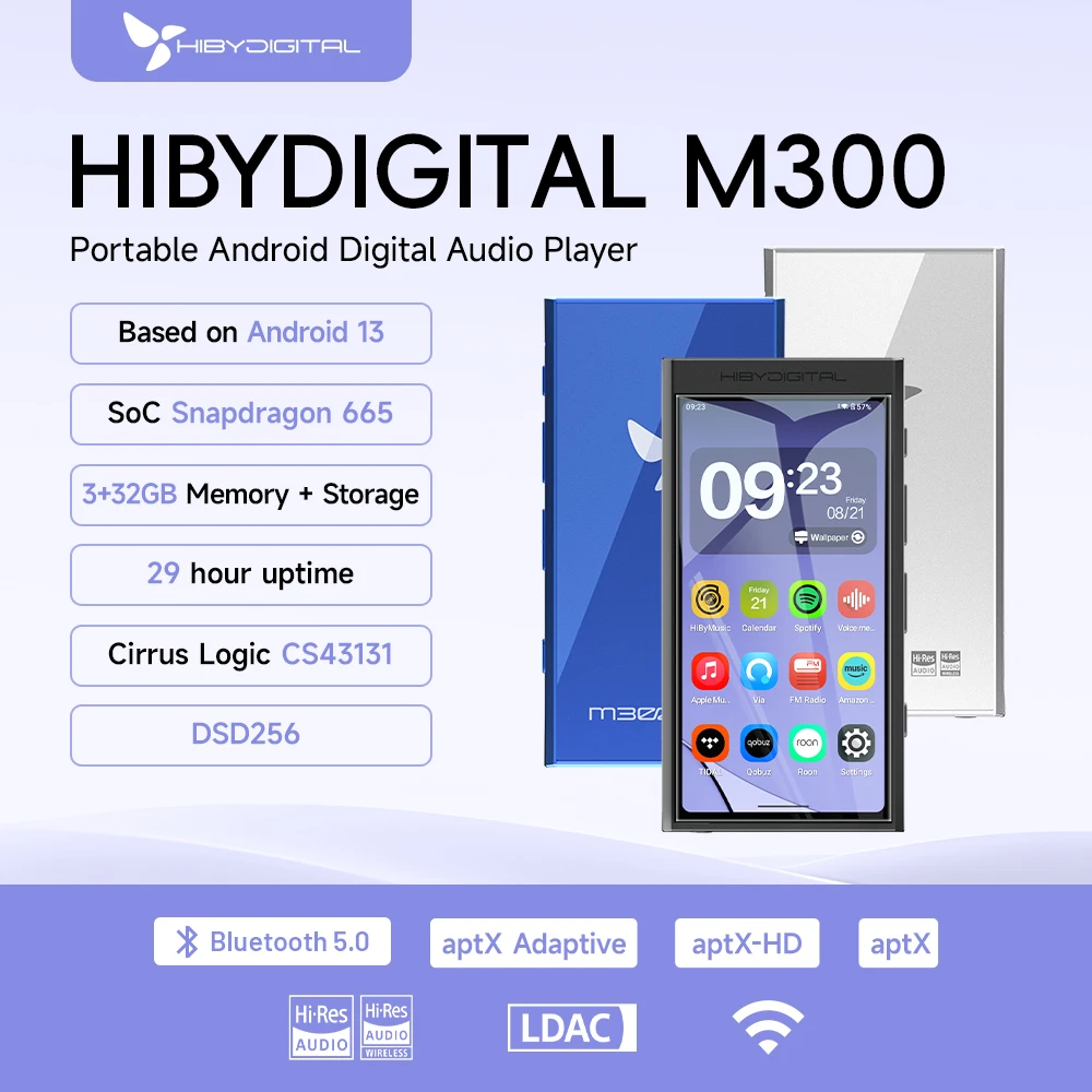 Цифровой музыкальный плеер HiBy Digital M300 на Android 13, HiFi, Bluetooth, WiFi, 32 ГБ, DSD256, PCM768, веб-радио, двойной микрофон, громкоговоритель, 29 часов работы, выход 3.5 мм.