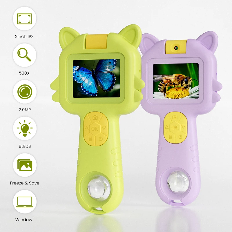 Handheld Digital Magnifier with 180° Rotatable Lens 2.0MP Dual Camera 2.0’’ Screen 8LEDs Video Portable Electronic Microscope