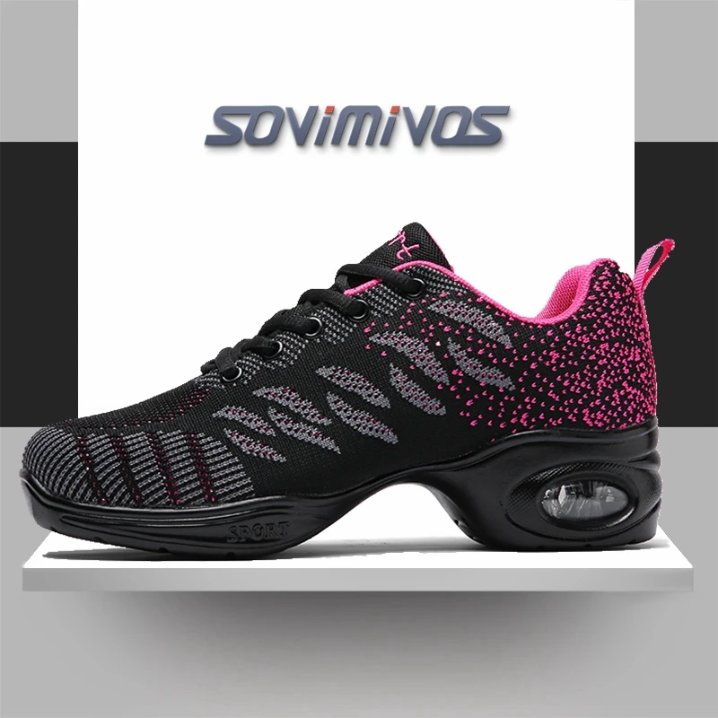 Zapatillas de baile transpirables para hombre y mujer, zapatos deportivos de malla de aire, suela dividida cuadrada, para bailar Salsa, color negro y rojo