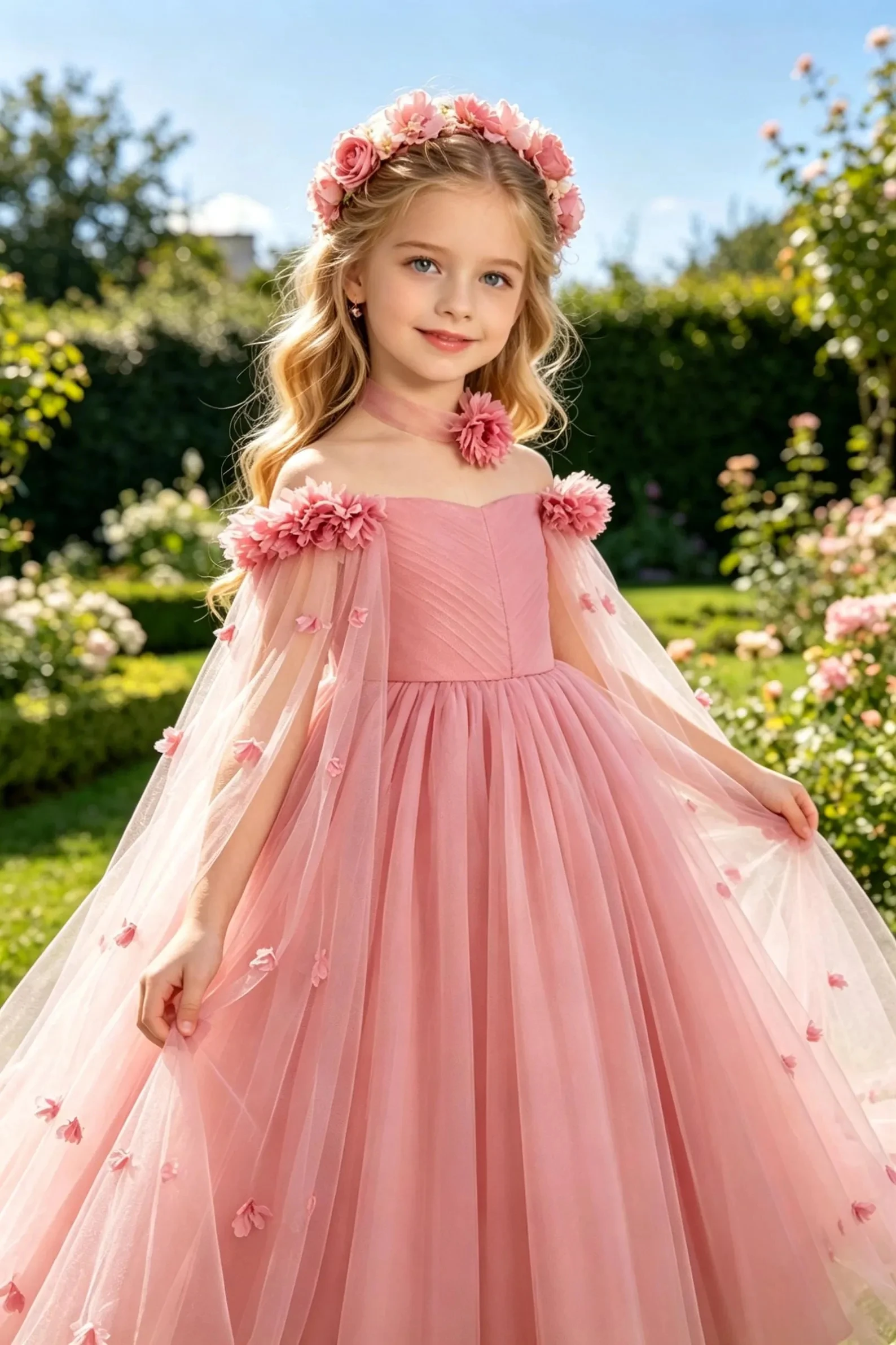 

Customized Removable Strap Floral Tulle Flower Girl Dresses Ankle Length Kids Formal Party Gowns