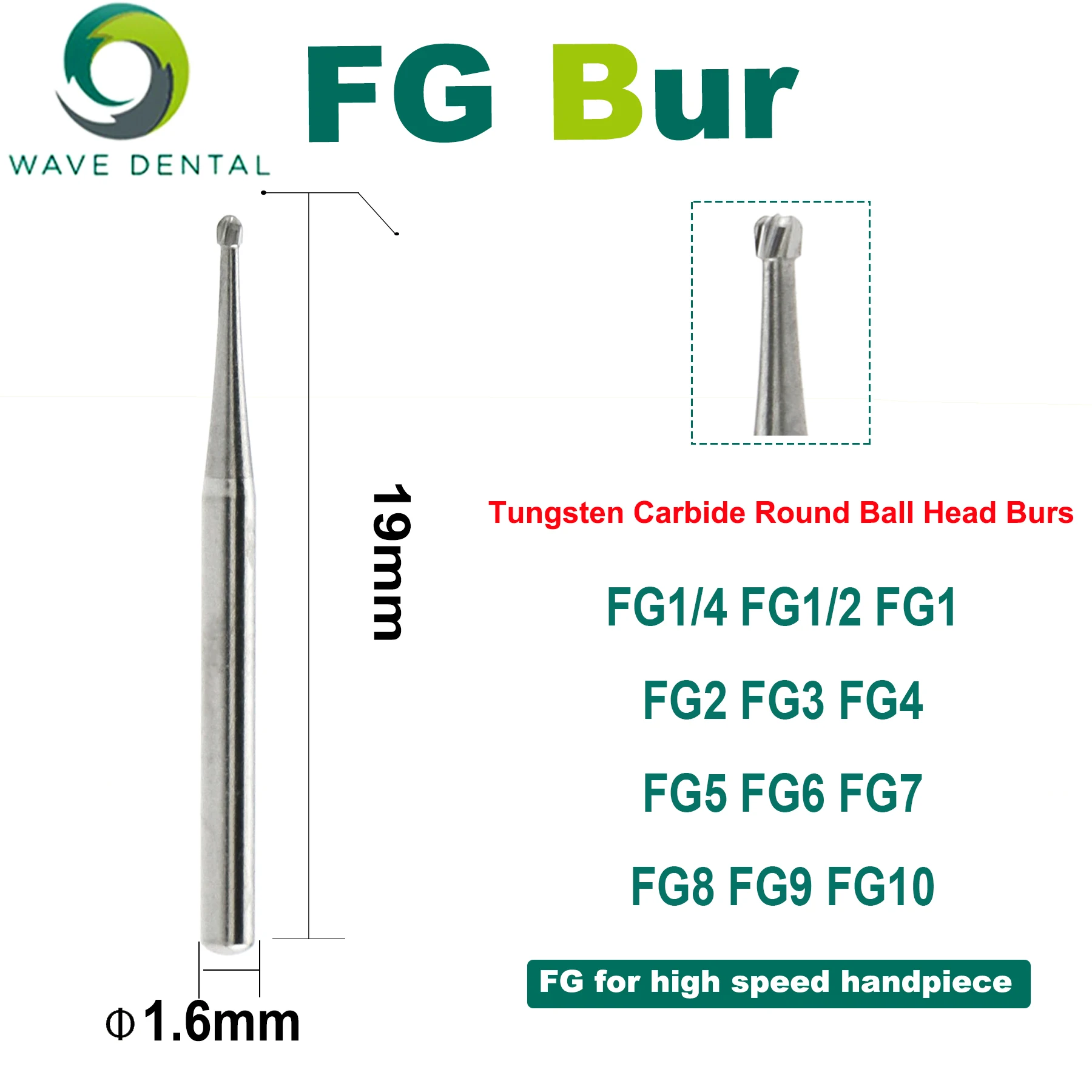 WAVE Dental Tungsten Carbide Bur Round Ball Head Dentistry Drill FG For High Speed Handpiece Dia.1.6mm 5Pcs/pack