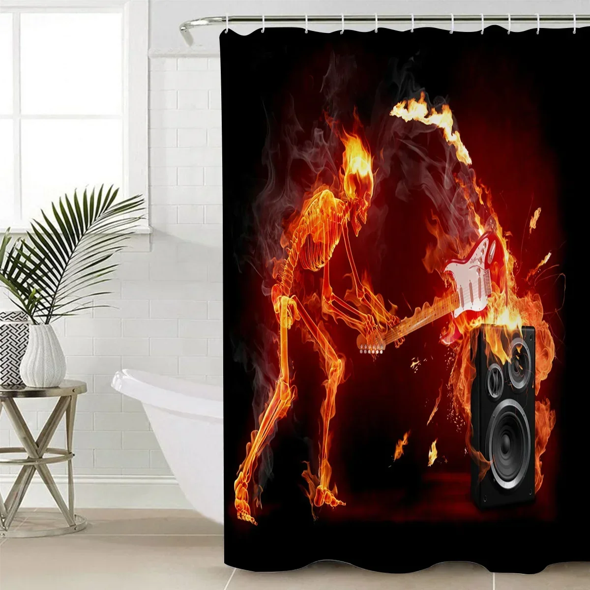 Flame Guitar Skull Shower Curtain Waterproof Polyester Fabric Bath Curtains with Hooks Bathroom Accessorie Decor Cortina