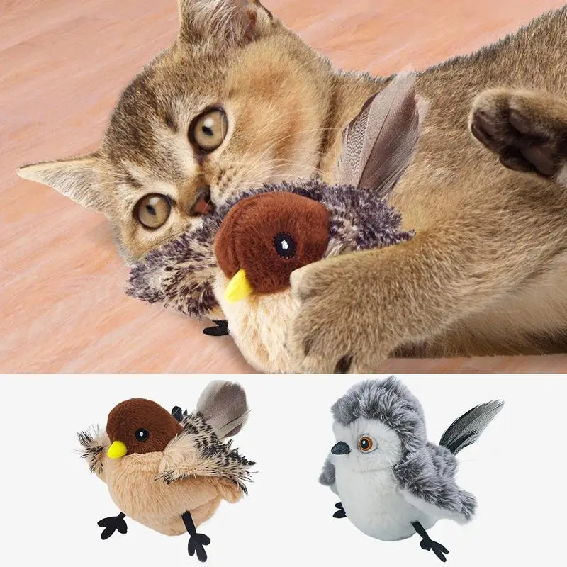 Realistic Simulation Of Chirping Flying Bird Cat Toy With Feather Tail Touch Activated Pet Cat Interactive Plush Toy