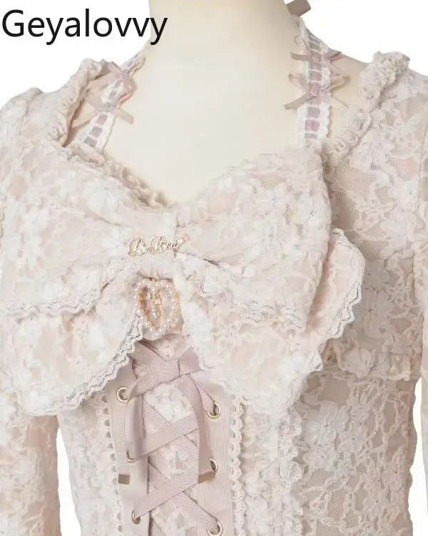 

Spring and Autumn New Lolita Sweet Versatile Top Japanese Liz Cute Short Blouse Lace Bow Tie Slim Fit Long Sleeve Shirt