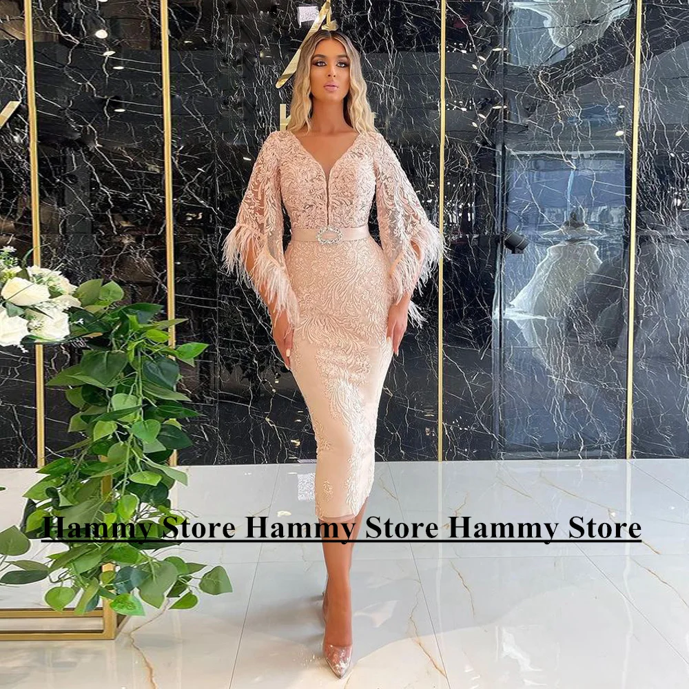 Fashion Champagne Lace Evening Dress Customized Batwing Sleeve Applique Tea Length Cocktail Party Gown Mermaid Prom Dresses