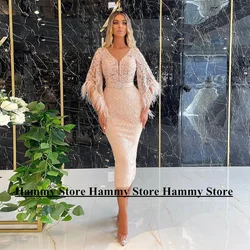 Fashion Champagne Lace Evening Dress Customized Batwing Sleeve Applique Tea Length Cocktail Party Gown Mermaid Prom Dresses