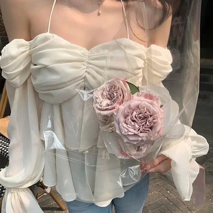 

French Style Gentle Blouses Women Off Shoulder Ruffled Long Sleeved Chiffon Shirt Spring 2025 Slim Strap Strapless Top