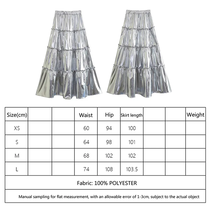 Women's Cake Skirt Silver Tiered Metallic Pleated Flowy A-Line Midi Skirt for Travel Party High Waist Y2K Long Dress