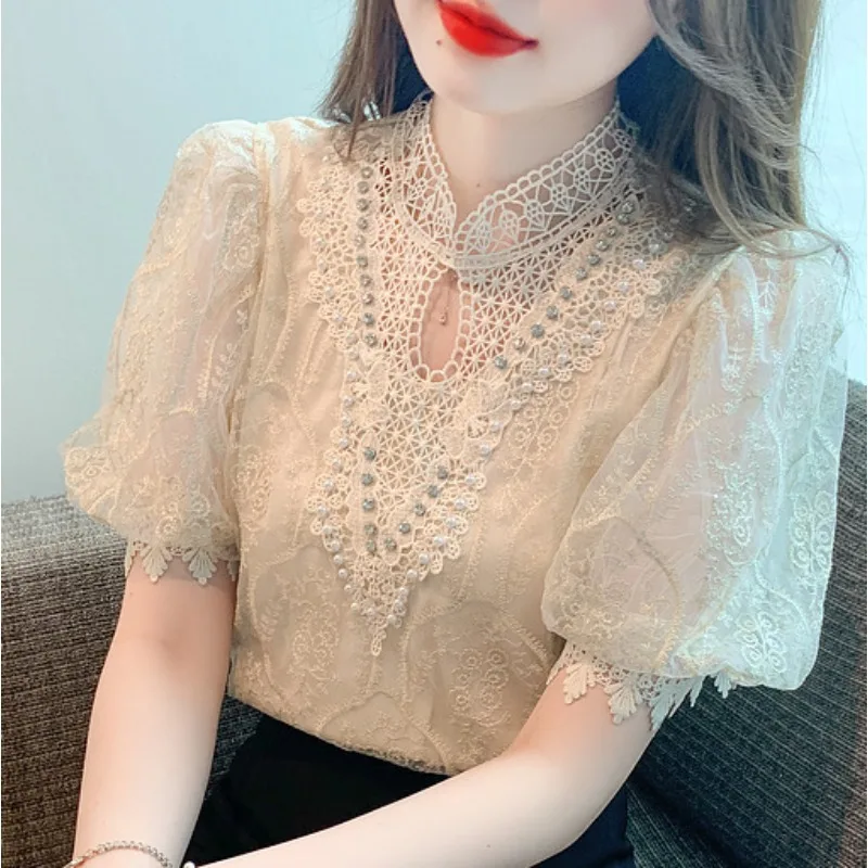 Court Style Heavy Industry Diamond Bead Embroidered Lace Shirt Hollow Bubble Sleeve French Temperament Elegant Inner Hollow 2026