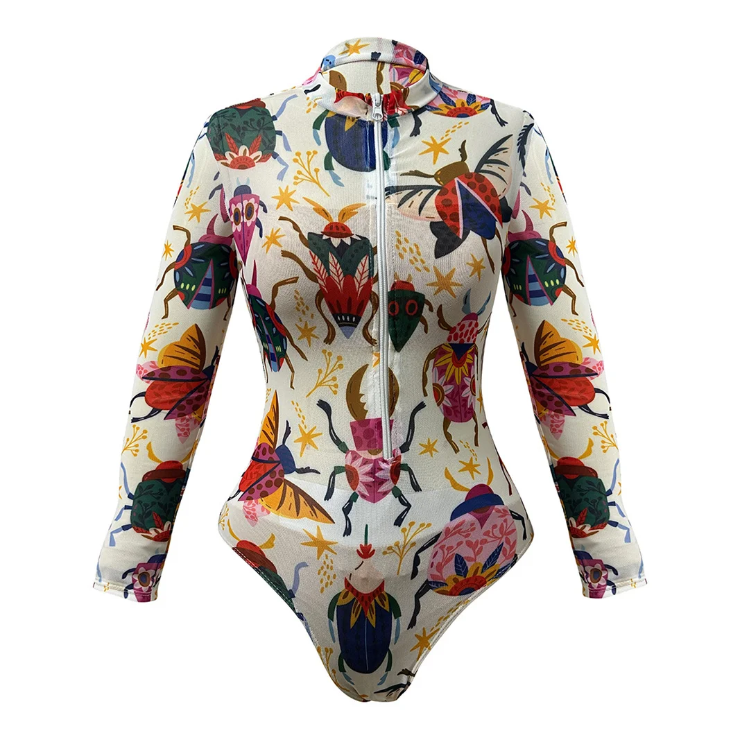 S - XXL Neuer, bedruckter, langärmliger Badeanzug mit Reißverschluss und Hose, einteiliger Badeanzug für Damen, gepolsterter Badeanzug, Badebekleidung, Badeanzug V8364 – Detail 3