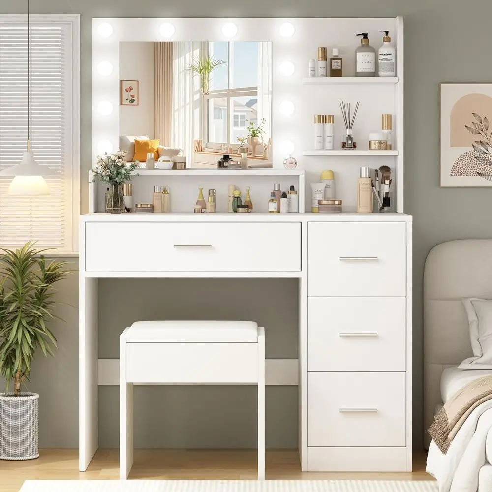 LED-Illuminated Makeup Desk with 3-Tier Storage, 3 Color Options, Suitable for Bedroom or Dressing Room, White