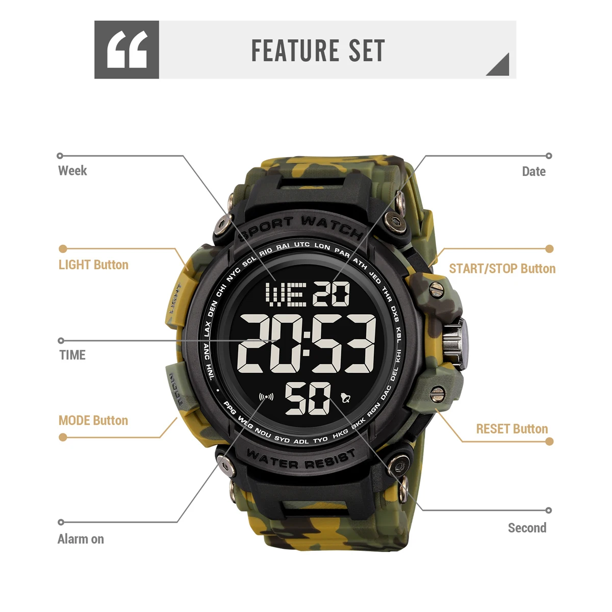 SKMEI Fashion Large Dial Digital Electronic Watch Sports Watches For Men Waterproof Camo Wristwatch Alarm Clock Horloges Mannen