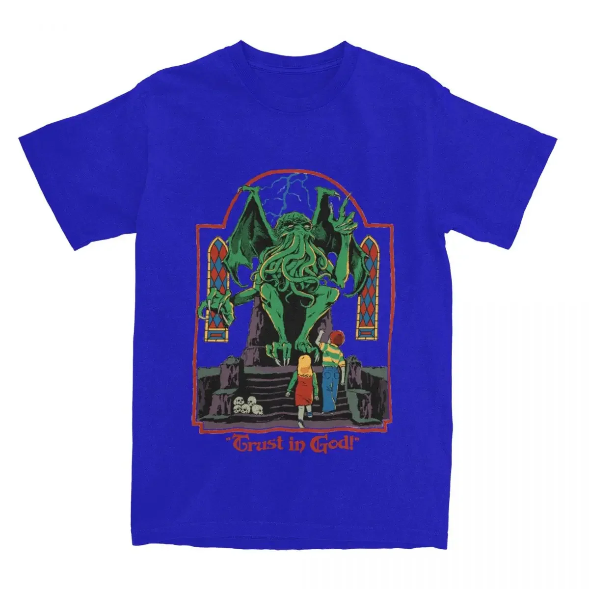 Trust In God T Shirts for Men Cotton Novelty T-Shirt Halloween Retro Cthulhu Lovecraft Occult Tee Shirt Short Sleeve Clothes