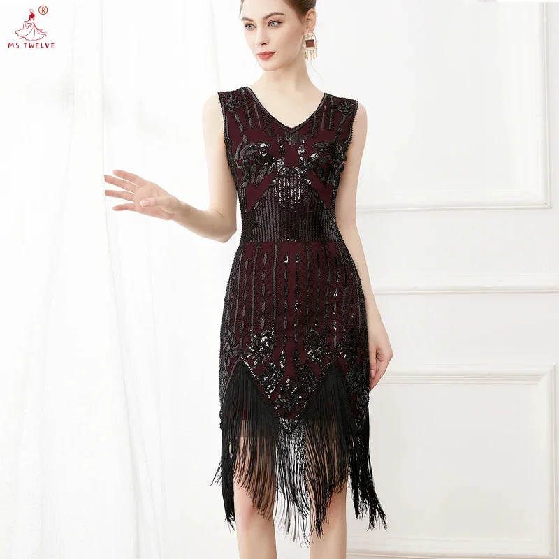 2025 Women’s High-Waist Slim Sequin Fringe , Sexy V-Neck Birthday Party, Cocktail Prom Midi Dress with Tassel Hem, Elegant