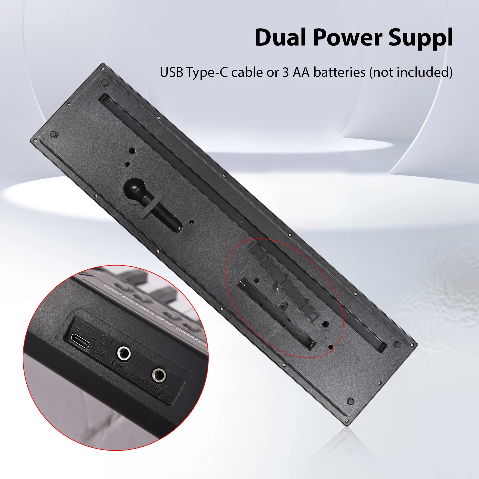 لوحة مفاتيح إلكترونية رئيسية ، مكبرات صوت مزدوجة للبيانو ، 8 نغمات ، 5 إيقاعات ، 5 طبول ، قرع ، 6 مقاطع ، آلة موسيقية #5