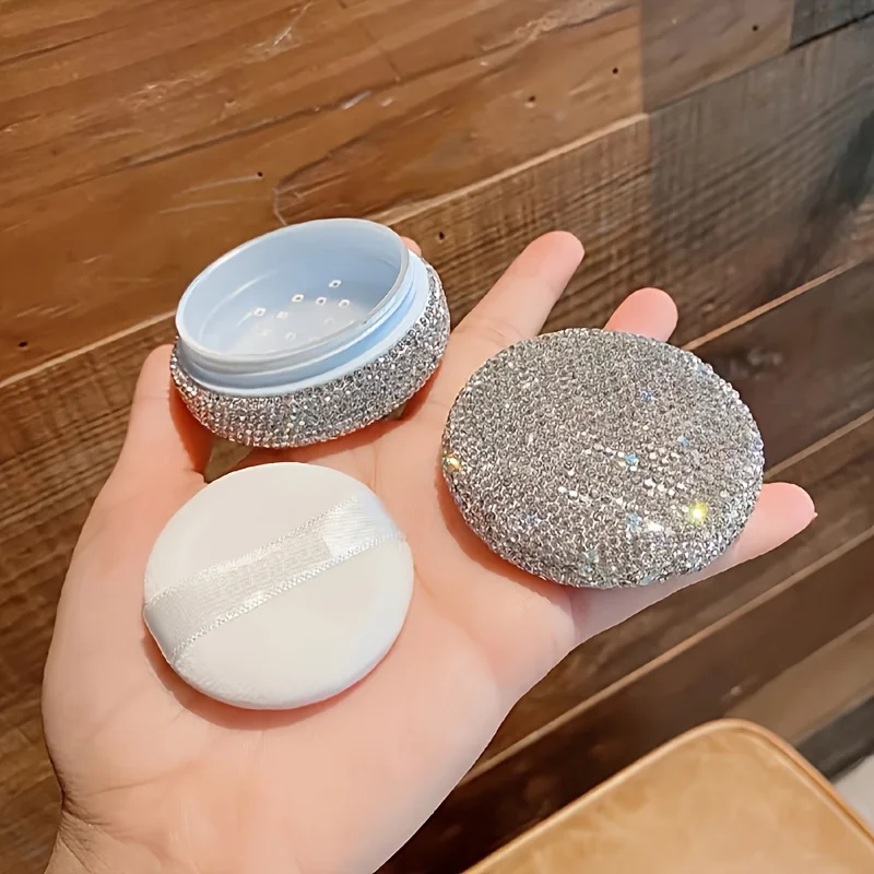 Luxury powder packing box with artificial diamond-inlaid powder puff Compact and portable elastic empty box without leakage