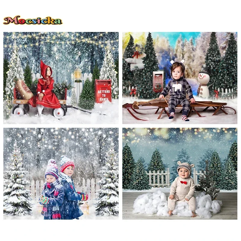 

Mocsicka Christmas Tree Photography Backdrop Winter Snow Forest Decoration Child Adult Kids Portrait Photo Background Banner