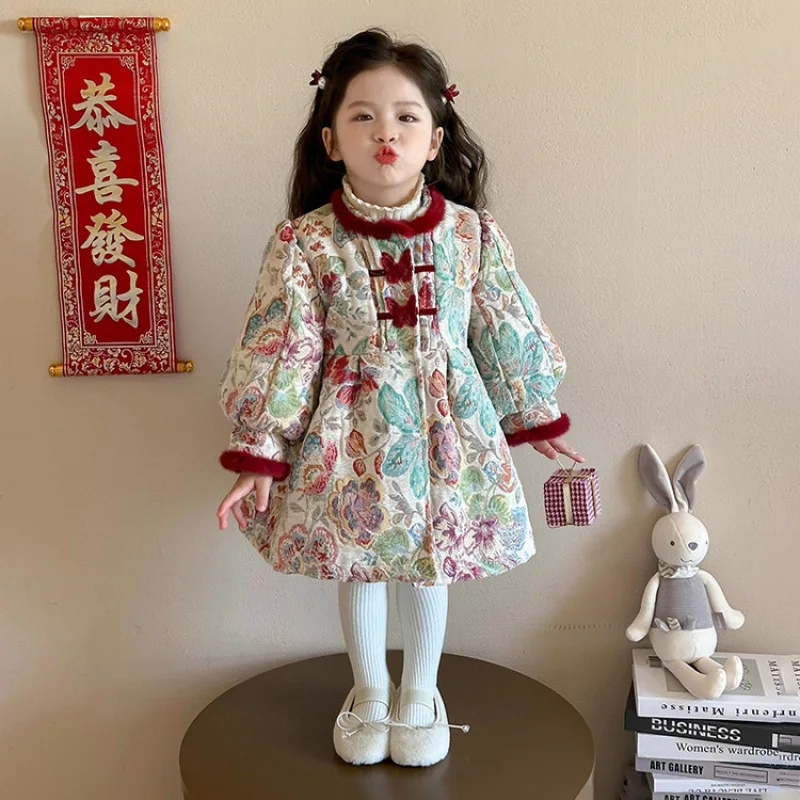 

Girls' Cheongsam New Year Outfit Winter2025New Thickened Cotton-Padded New Year Clothes Stylish Children's Tang Suit Dress