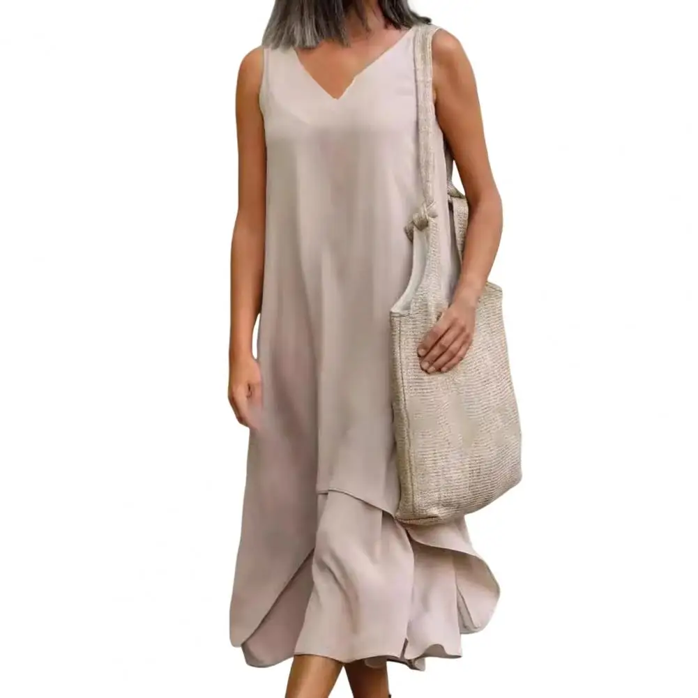 Dresses Woman Party Night V Neck Solid Color Tank Dress Cotton Linen Casual Loose Sundress Plain Long Dresses Vestidos Largos