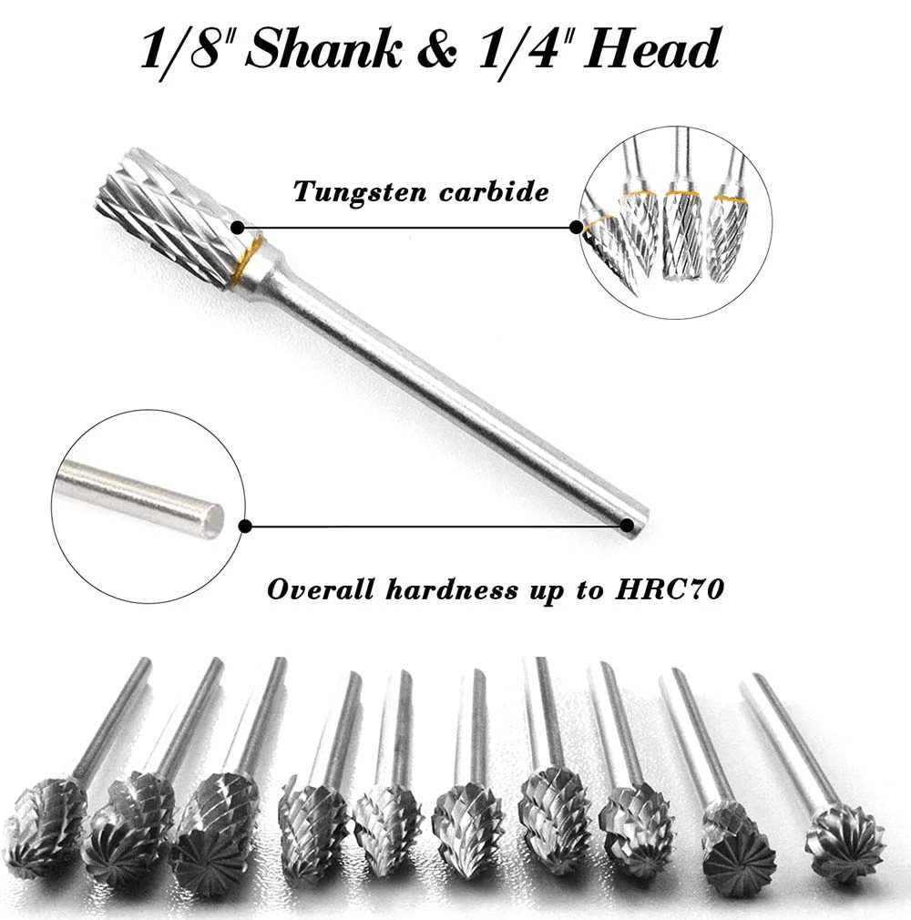 10Pc Tungsten Steel Carbide Milling Cutter 1/8 Shank Carving Tool Burr Double Diamond Cut Rotary Dremel DIY Tools Electric Grind