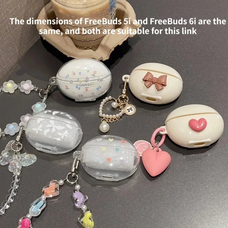 Kopfhörerhüllen mit Herzmuster für Huawei FreeBuds 6i 5i, Schutzhülle, Kopfhörerzubehör, Schutzhülle mit Armband