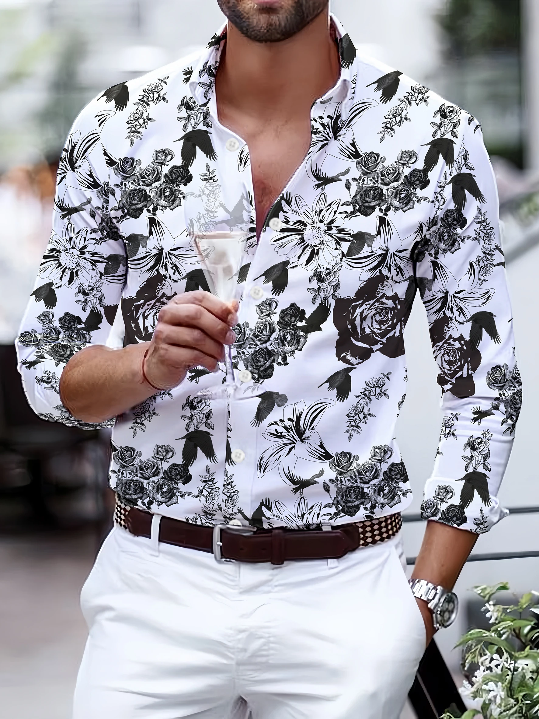 Fashion Tiger Chain Leopard Pattern Feather Digital Print Men\'s Long sleeved Shirt Leisure Party Street Hawaiian Polo Neck Shirt