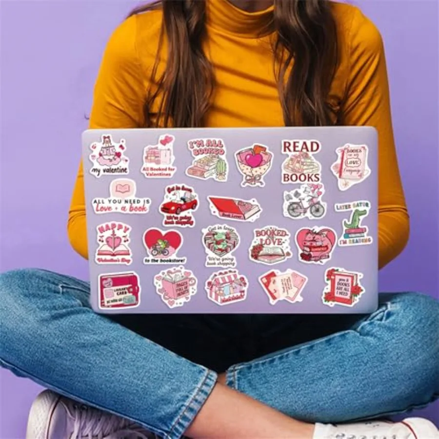 Valentine's Day stickers: waterproof pink glitter vinyl decals for books, phones; romantic gift for girls, kids, teens, adults - view 2