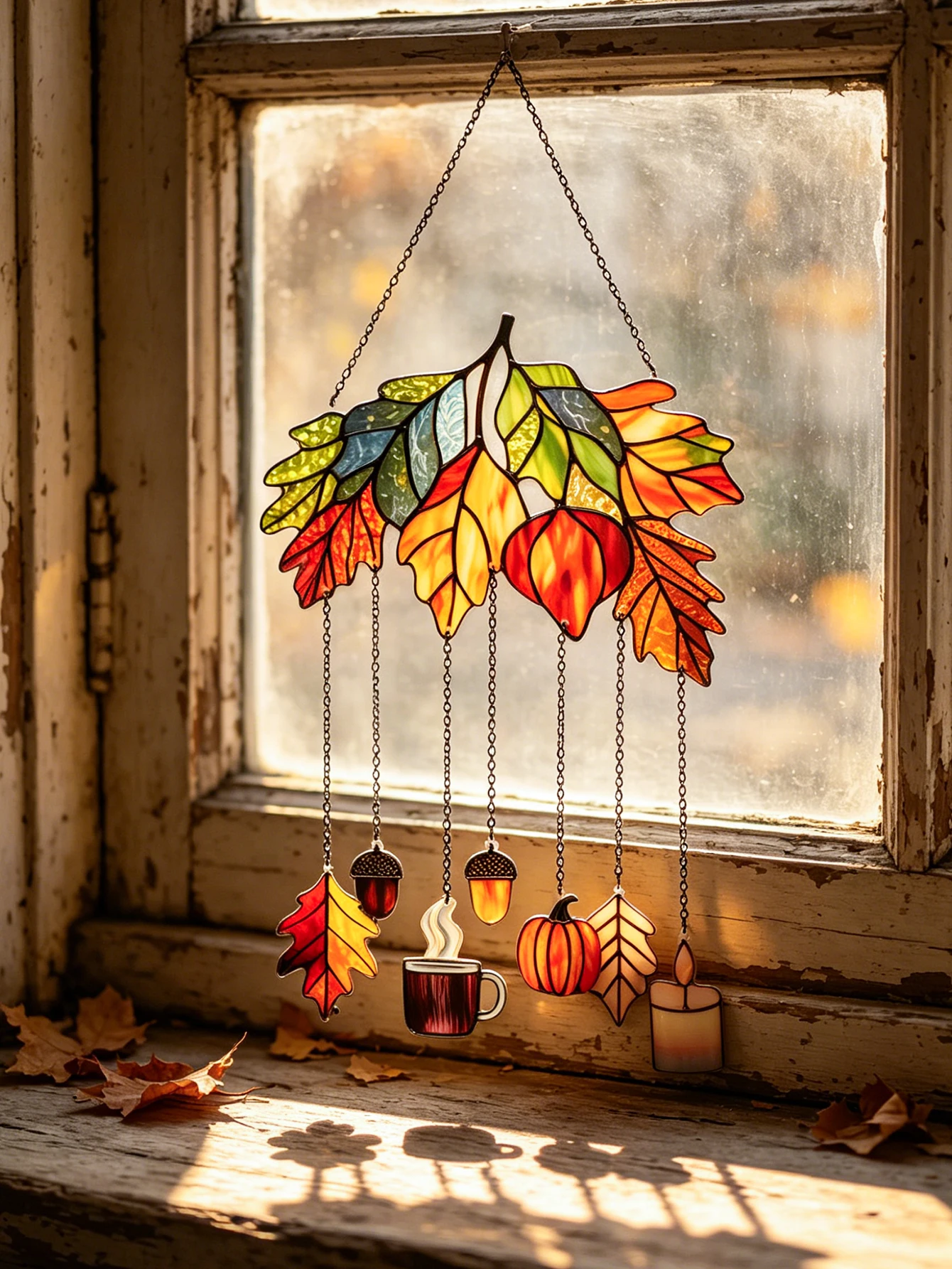 Fall Acrylic Suncatcher Window Hanging Maple Leaf Pumpkin Acorn Coffee Candle Wind Chime Thanksgiving Home Wall & Window Decor