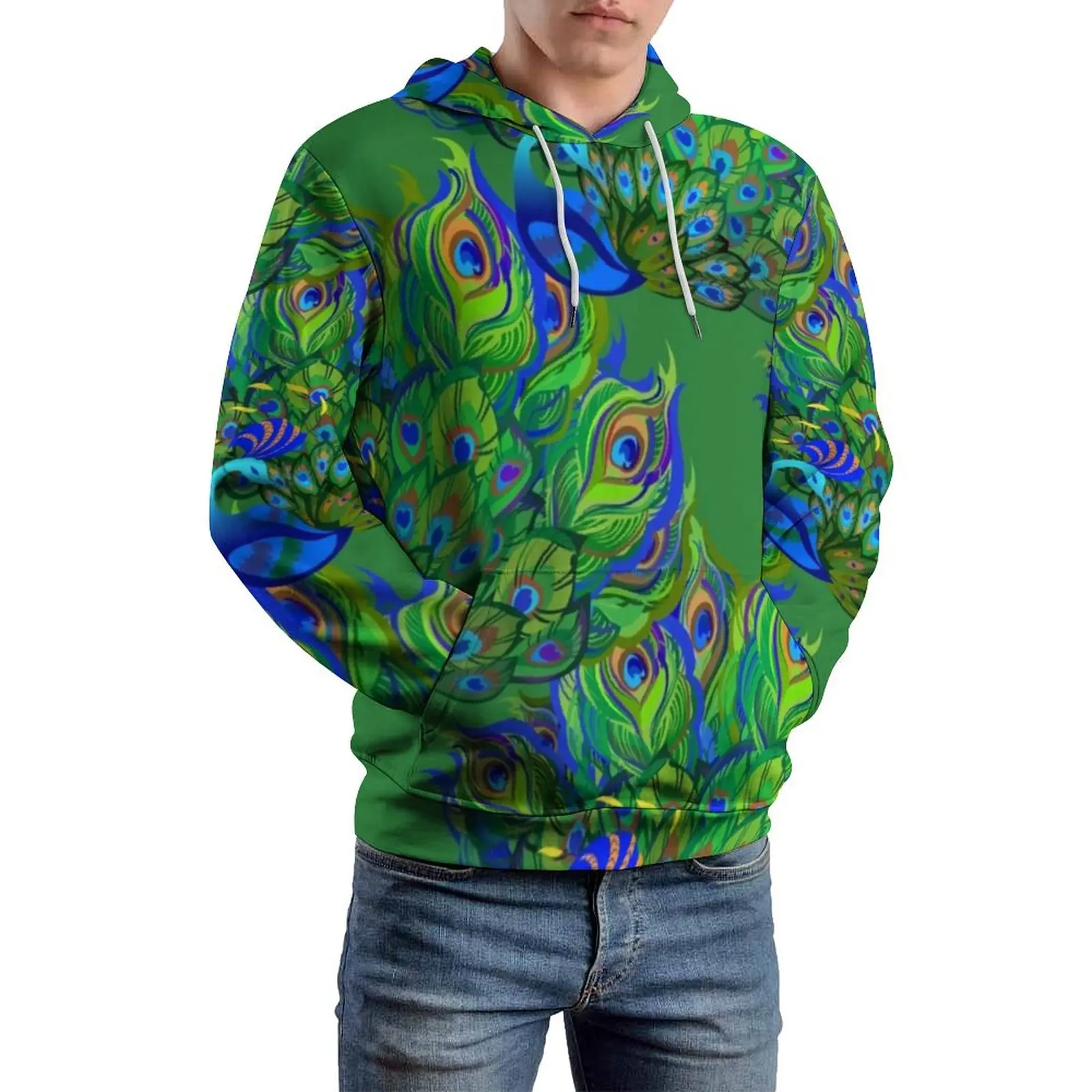 Peacock Feathers Print Casual Hoodies Long Sleeve Blue Green Animal Kawaii Hoodie Autumn Street Wear Design Oversize Clothing