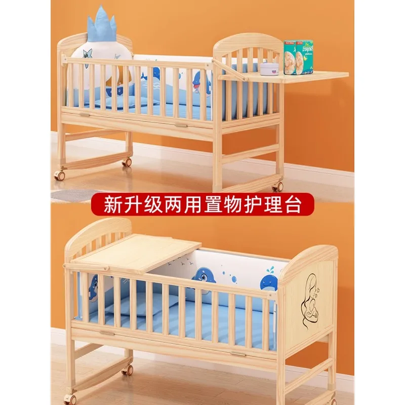 Baby bed, movable small bed, children's multifunctional solid wood cradle, splicing large bed