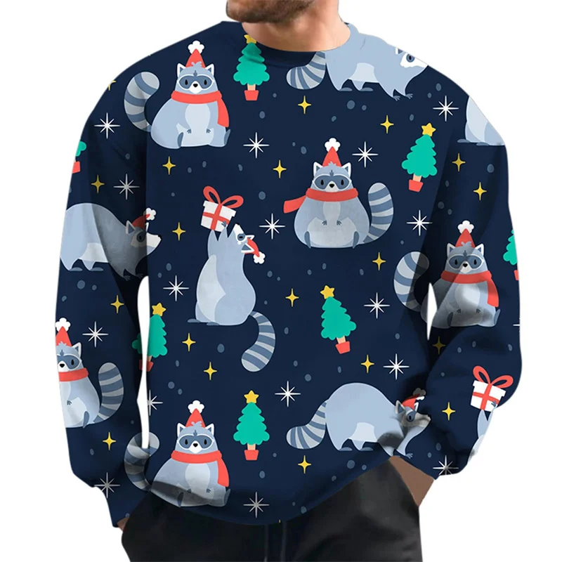 Christmas Tree Pattern Hoodie For Men Santa Claus Dinosaur 3D Print Pullover Autumn Long Sleeve O-Neck Hoodies Loose Sweatshirts