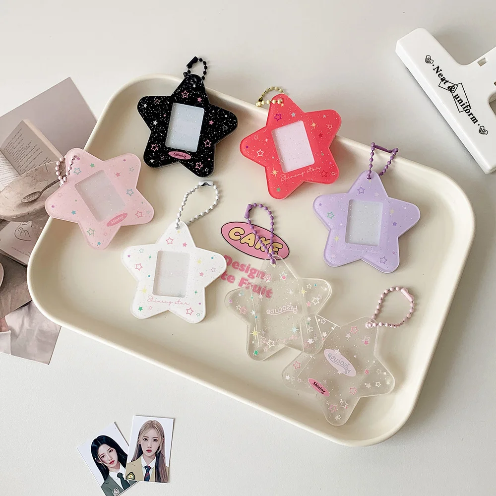 Glitter Star Card Holder with Keychain Acrylic 1-Inch Photocard Holder ID Card Case Student Kpop Idol Photo Card Bag Key Chain