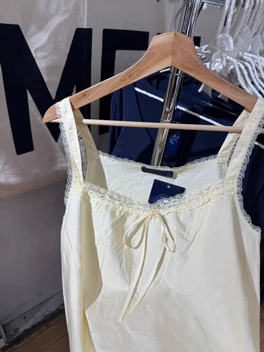 タンクトップ レディース 夏 レース トリム イエロー レースアップカラー ノースリーブ コットン キャミソール 女性 甘い 可愛い プレッピースタイル ベスト Y2K トップス